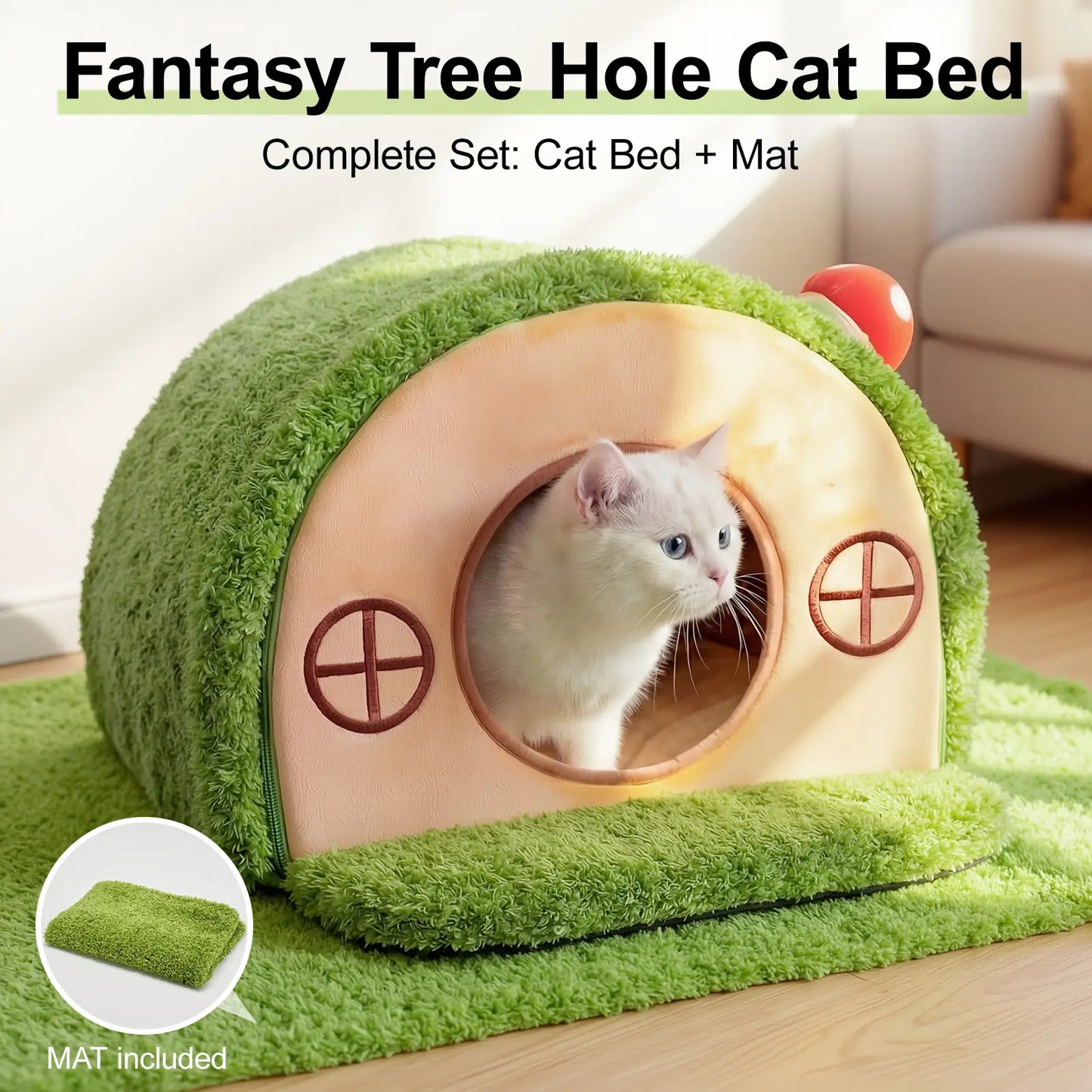 Cat Cave Bed for Indoor Cats, Enclosed Tree Hole Hideaway Nest, Crystal Velvet Warming Tent with Washable Cushion and Anti-Slip Bottom, Cozy Covered House for Kittens and Small Cats