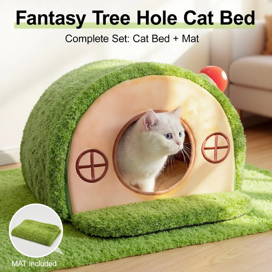 Cat Cave Bed for Indoor Cats, Enclosed Tree Hole Hideaway Nest, Crystal Velvet Warming Tent with Washable Cushion and Anti-Slip Bottom, Cozy Covered House for Kittens and Small Cats