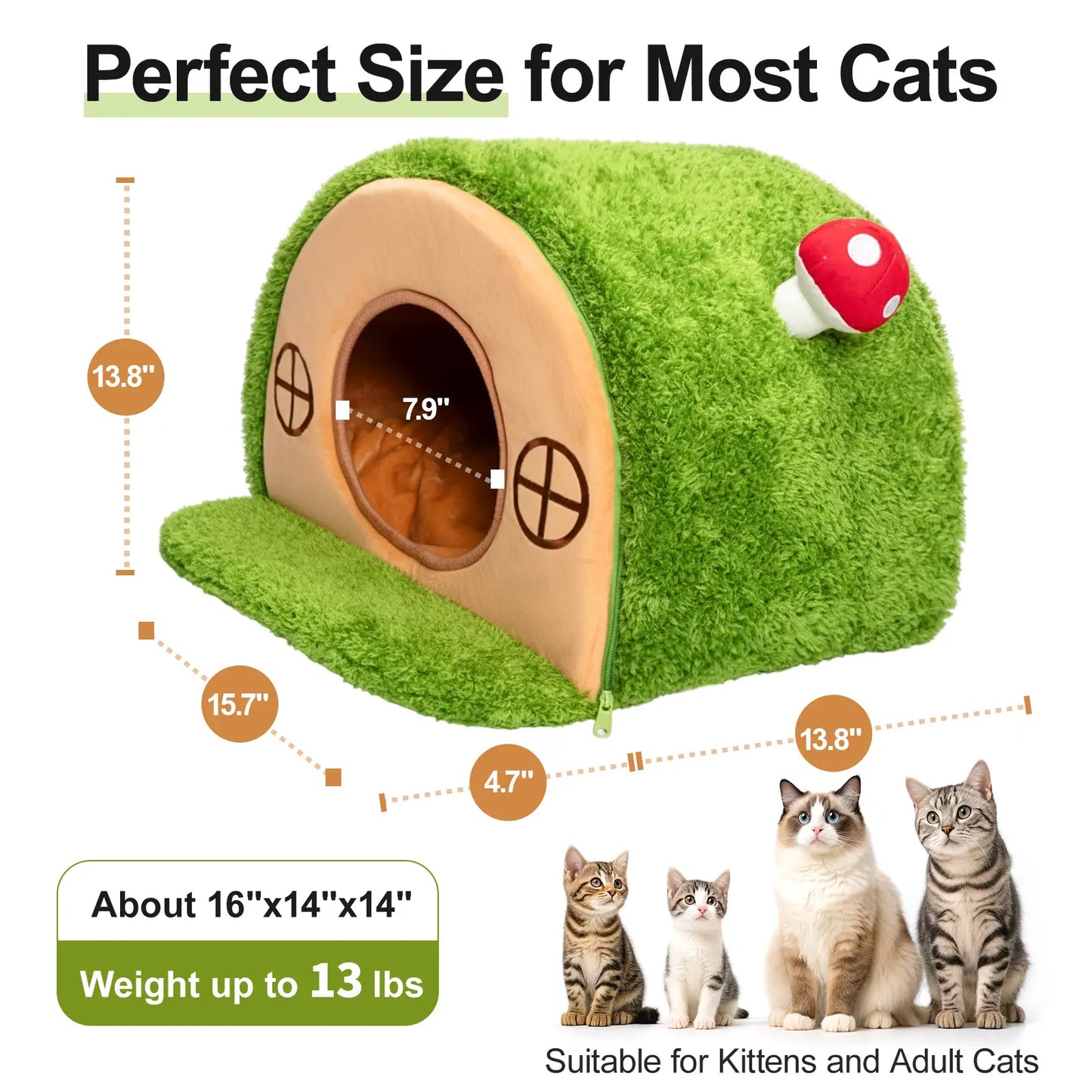 Cat Cave Bed for Indoor Cats, Enclosed Tree Hole Hideaway Nest, Crystal Velvet Warming Tent with Washable Cushion and Anti-Slip Bottom, Cozy Covered House for Kittens and Small Cats