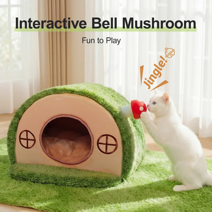 Cat Cave Bed for Indoor Cats, Enclosed Tree Hole Hideaway Nest, Crystal Velvet Warming Tent with Washable Cushion and Anti-Slip Bottom, Cozy Covered House for Kittens and Small Cats