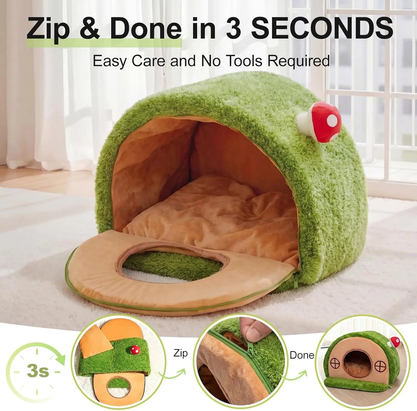 Cat Cave Bed for Indoor Cats, Enclosed Tree Hole Hideaway Nest, Crystal Velvet Warming Tent with Washable Cushion and Anti-Slip Bottom, Cozy Covered House for Kittens and Small Cats