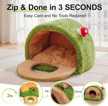 Cat Cave Bed for Indoor Cats, Enclosed Tree Hole Hideaway Nest, Crystal Velvet Warming Tent with Washable Cushion and Anti-Slip Bottom, Cozy Covered House for Kittens and Small Cats