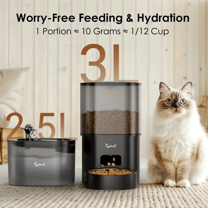 Automatic Cat Feeder with Water Fountain, WiFi App-Controlled 2 in 1 Feeding Set, Programmable Timed Dispenser with Voice Recorder, Dual Power, 3L Food and 2.5L Water