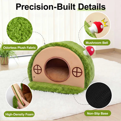 Cat Cave Bed for Indoor Cats, Enclosed Tree Hole Hideaway Nest, Crystal Velvet Warming Tent with Washable Cushion and Anti-Slip Bottom, Cozy Covered House for Kittens and Small Cats