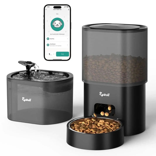 Automatic Cat Feeder with Water Fountain, WiFi App-Controlled 2 in 1 Feeding Set, Programmable Timed Dispenser with Voice Recorder, Dual Power, 3L Food and 2.5L Water