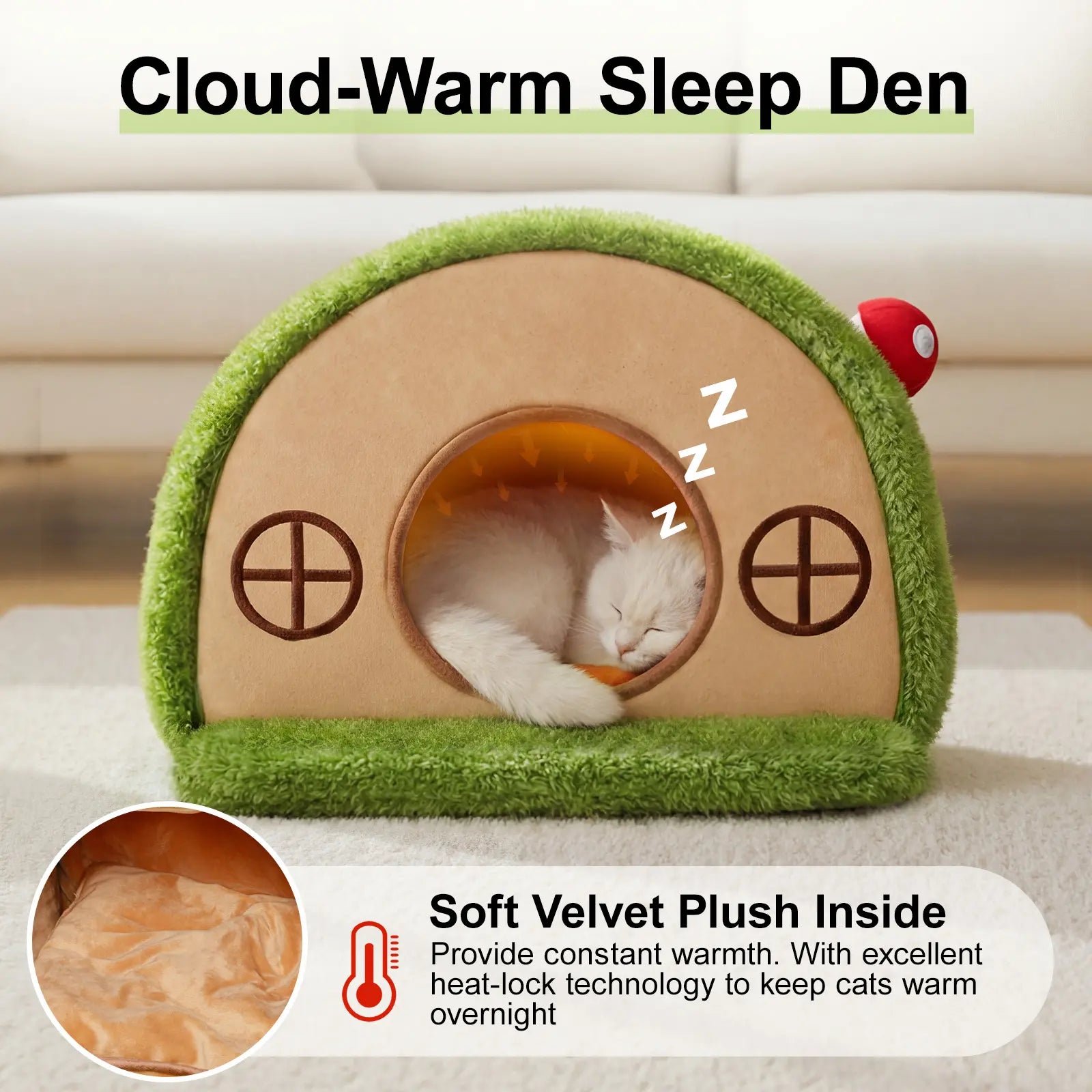 Cat Cave Bed for Indoor Cats, Enclosed Tree Hole Hideaway Nest, Crystal Velvet Warming Tent with Washable Cushion and Anti-Slip Bottom, Cozy Covered House for Kittens and Small Cats