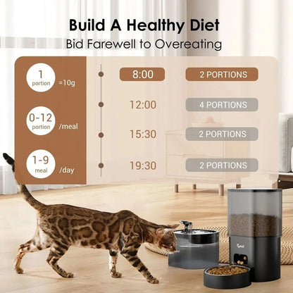Automatic Cat Feeder with Water Fountain, WiFi App-Controlled 2 in 1 Feeding Set, Programmable Timed Dispenser with Voice Recorder, Dual Power, 3L Food and 2.5L Water