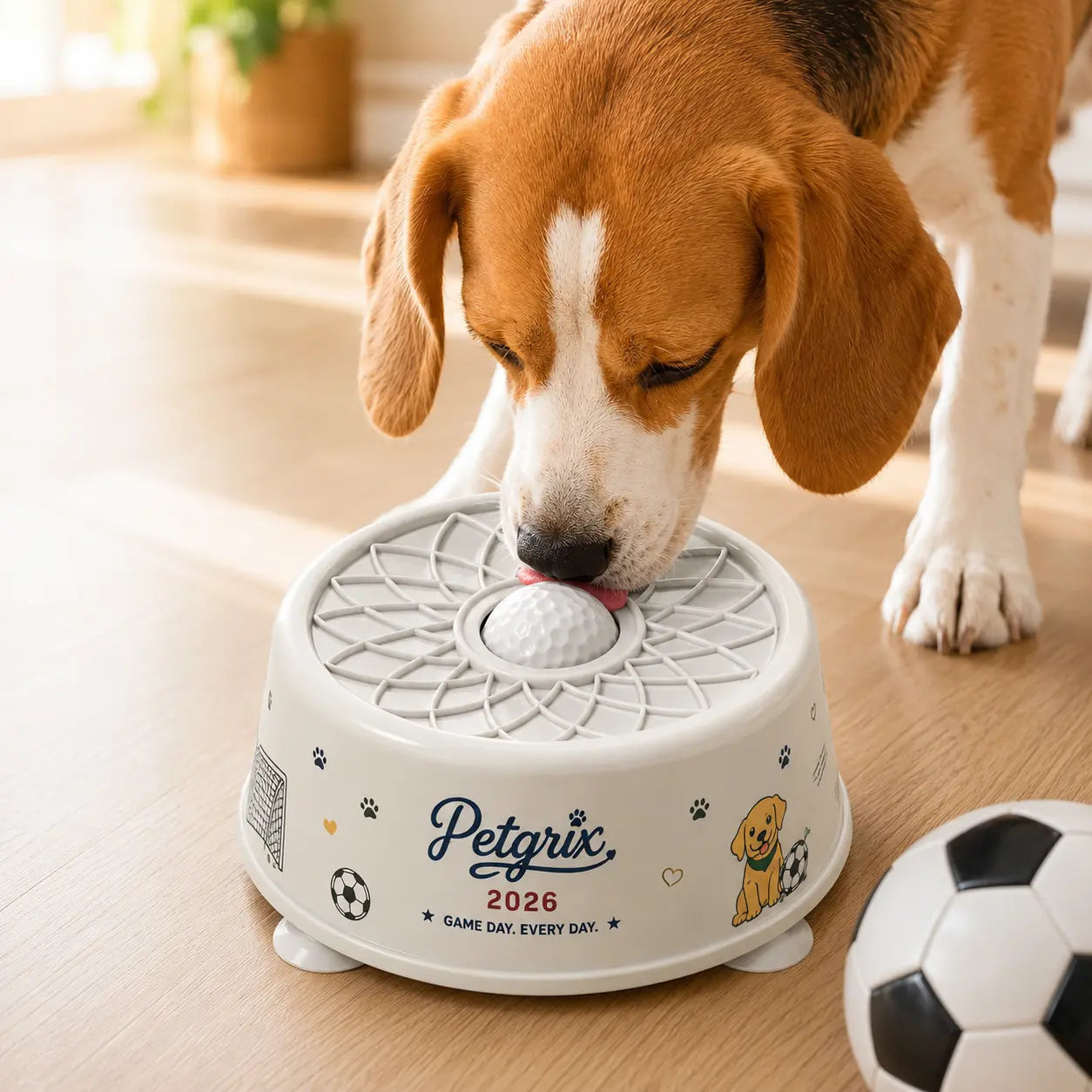 Slow Feeder Dog Bowl with Lick Mat Ball, No-Spill Interactive Enrichment Feeder, Strong Suction Base for Peanut Butter, Yogurt, and Bone Broth, Soccer Design for Dogs