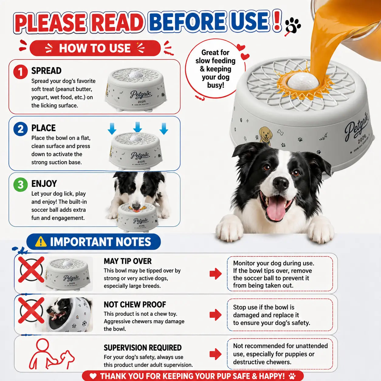 Slow Feeder Dog Bowl with Lick Mat Ball, No-Spill Interactive Enrichment Feeder, Strong Suction Base for Peanut Butter, Yogurt, and Bone Broth, Soccer Design for Dogs