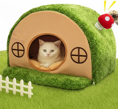 Cat Cave Bed for Indoor Cats, Enclosed Tree Hole Hideaway Nest, Crystal Velvet Warming Tent with Washable Cushion and Anti-Slip Bottom, Cozy Covered House for Kittens and Small Cats